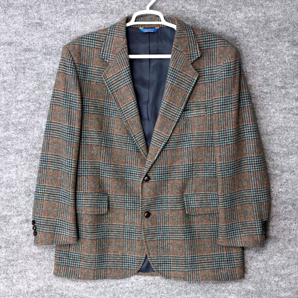 Pendleton Mens Wool Glen Plaid Blazer Sport Coat Brown Teal Made in USA 46 Long